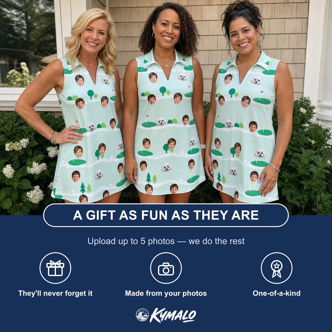 Friends in matching Women's Hole Hilarity Custom Face V-Neck Dress — a group gift photo