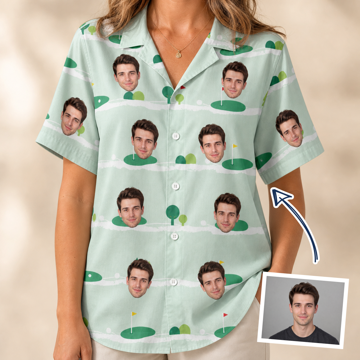 Woman wearing Women's Hole Hilarity Custom Face Hawaiian Shirt — custom faces printed all-over