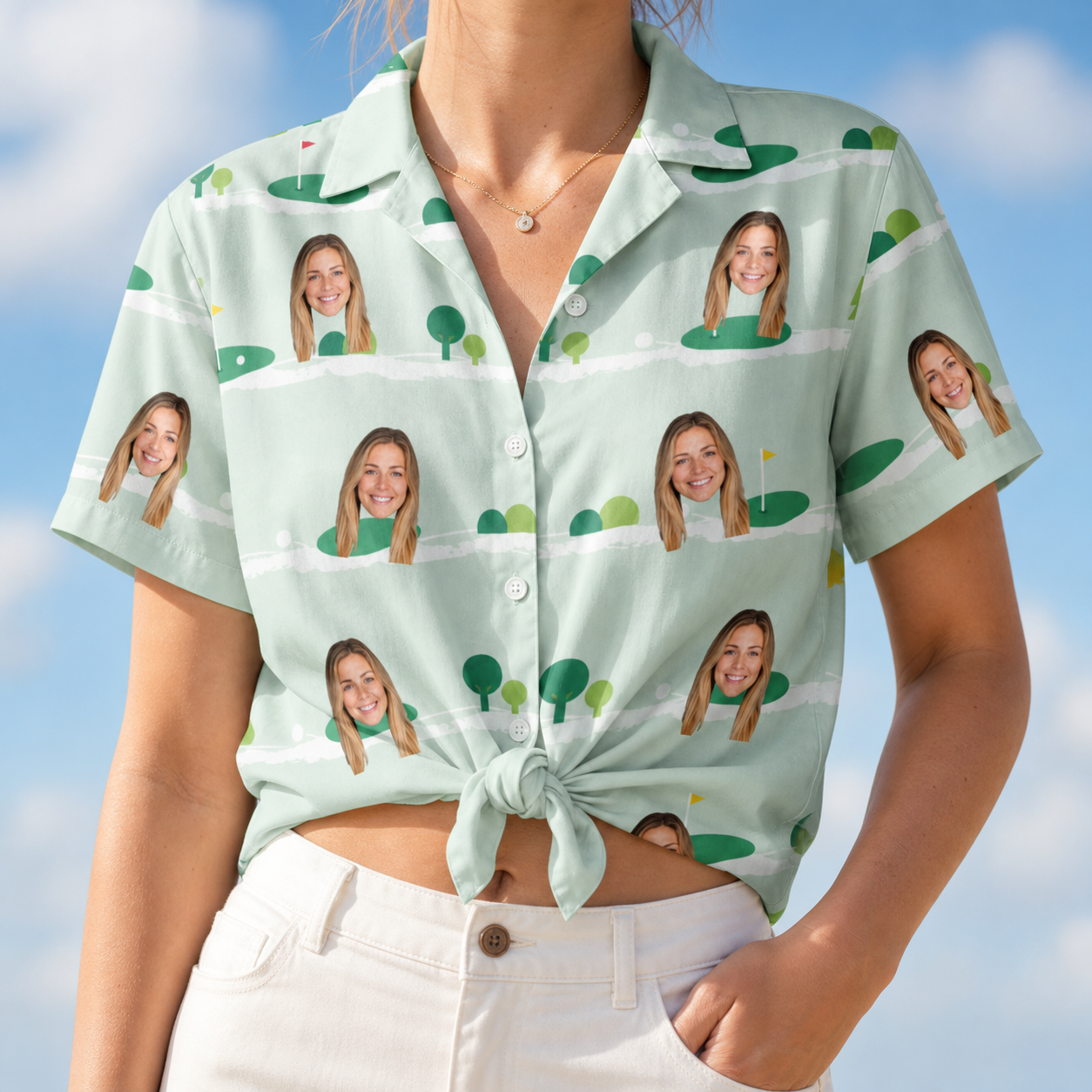 Woman wearing Women's Hole Hilarity Custom Face Hawaiian Shirt tied at the waist