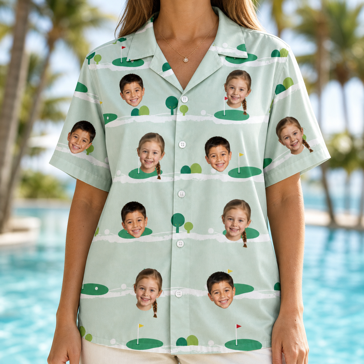 Model wearing Women's Hole Hilarity Custom Face Hawaiian Shirt printed with kids' faces