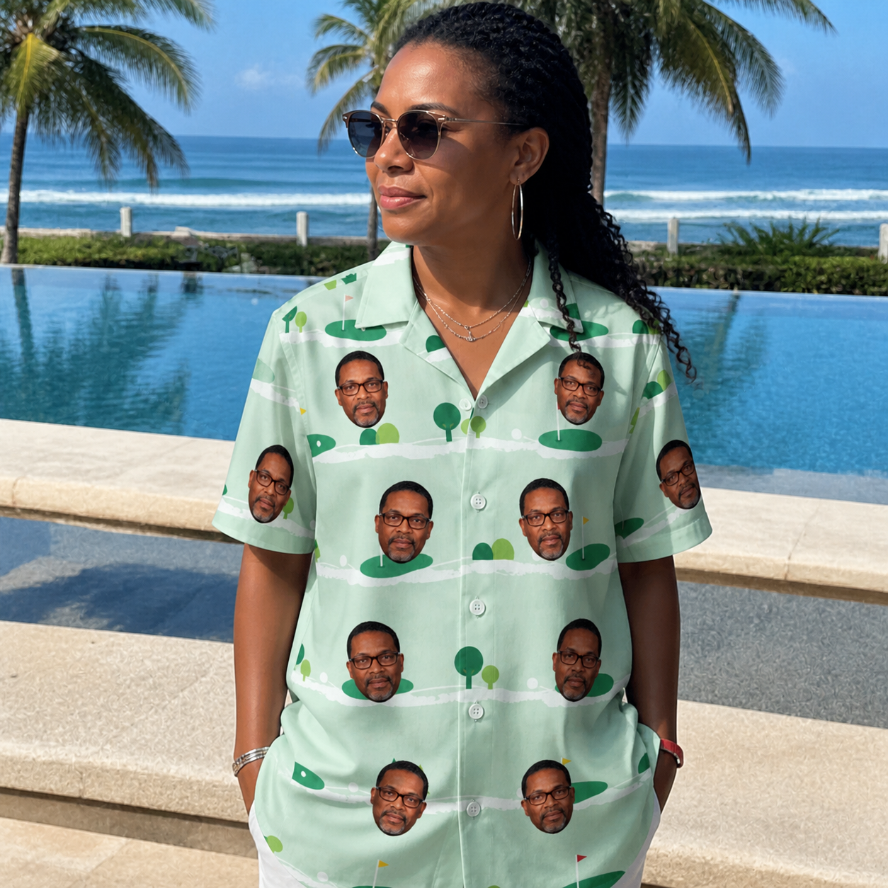 Real-life photo of someone wearing Women's Hole Hilarity Custom Face Hawaiian Shirt — custom faces printed all-over