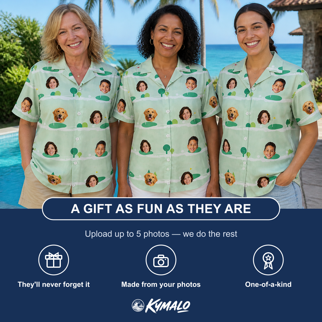 Friends in matching Women's Hole Hilarity Custom Face Hawaiian Shirt — a group gift photo