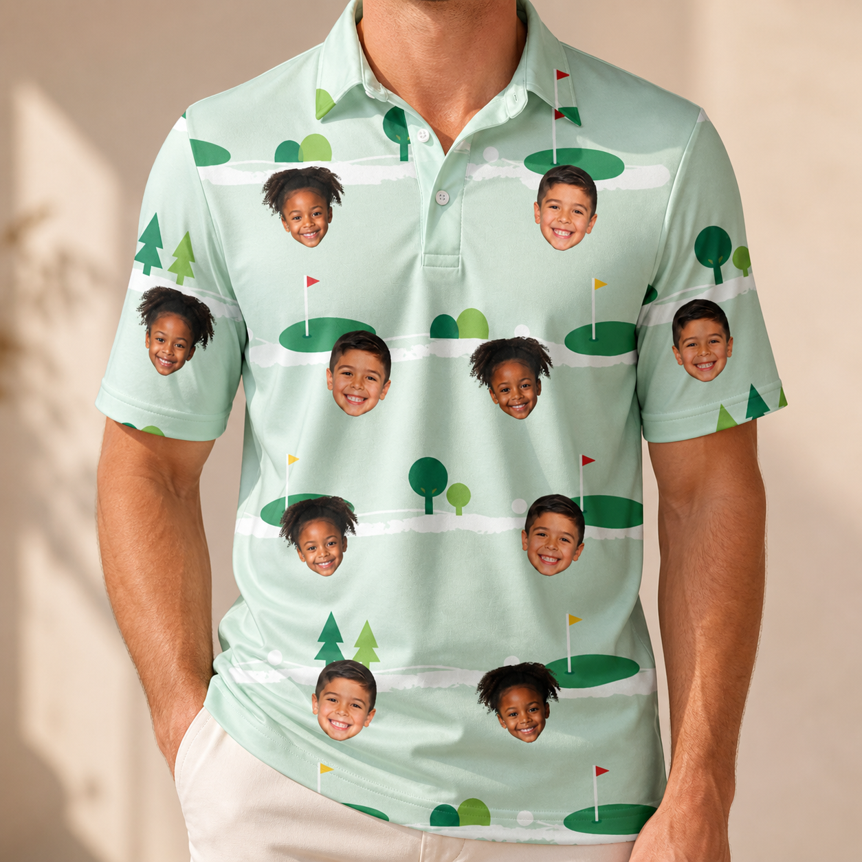 Model wearing Men's Hole Hilarity Custom Face Polo Shirt printed with kids' faces
