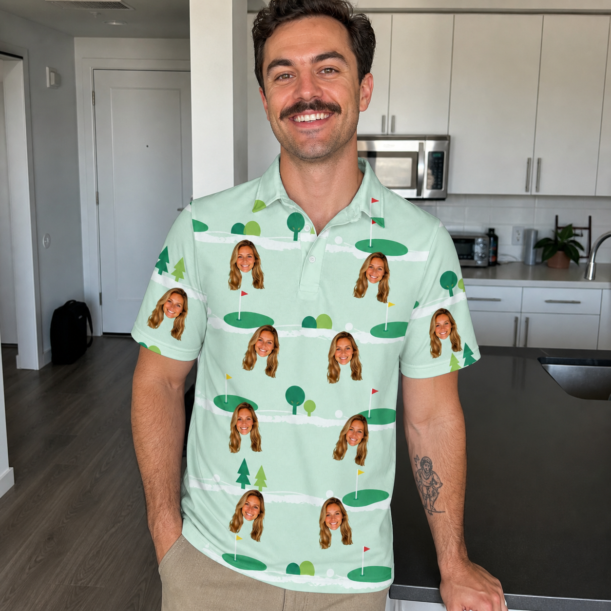 Real-life photo of someone wearing Men's Hole Hilarity Custom Face Polo Shirt — custom faces printed all-over