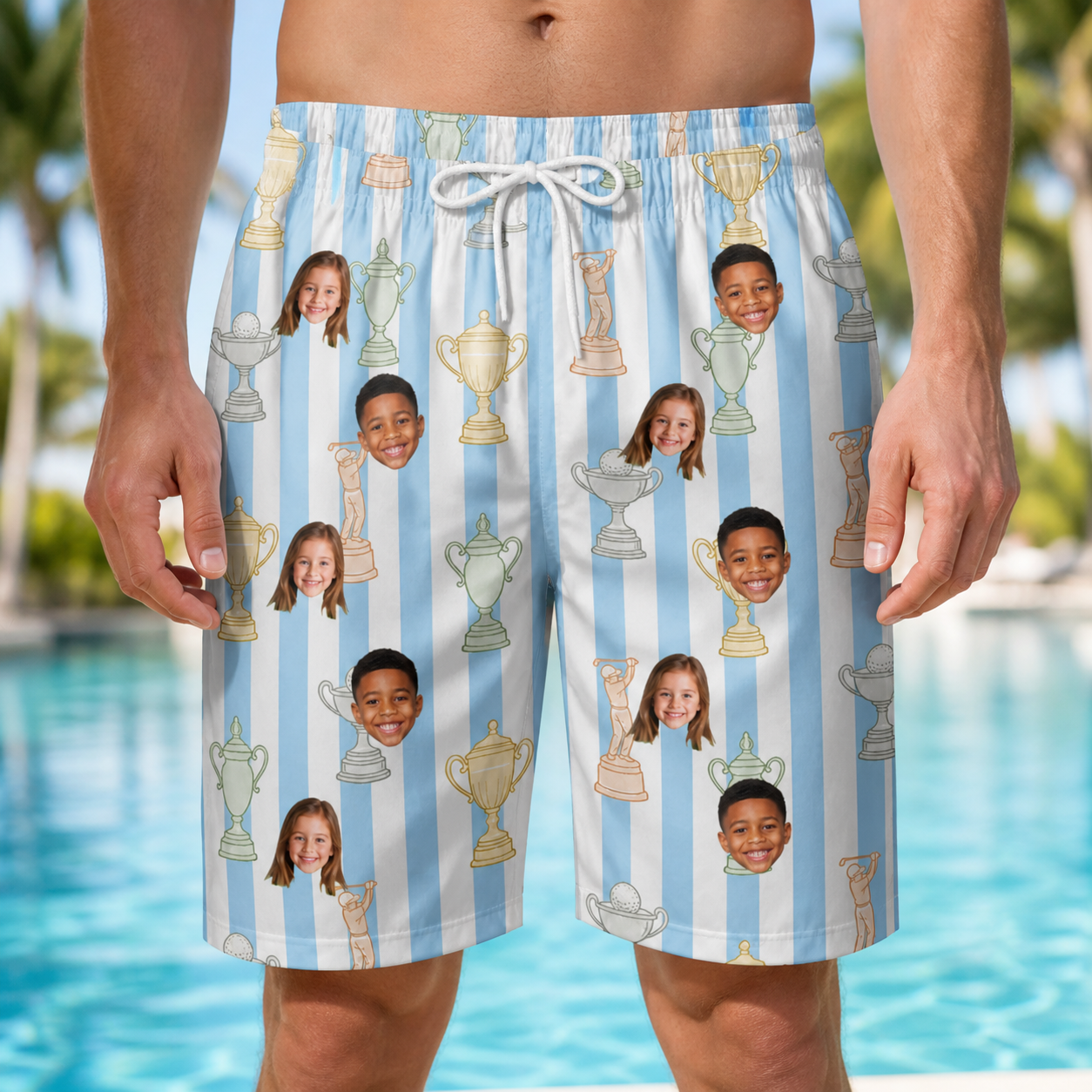 Model wearing Men's Green Glory Custom Face Beach Shorts printed with kids' faces