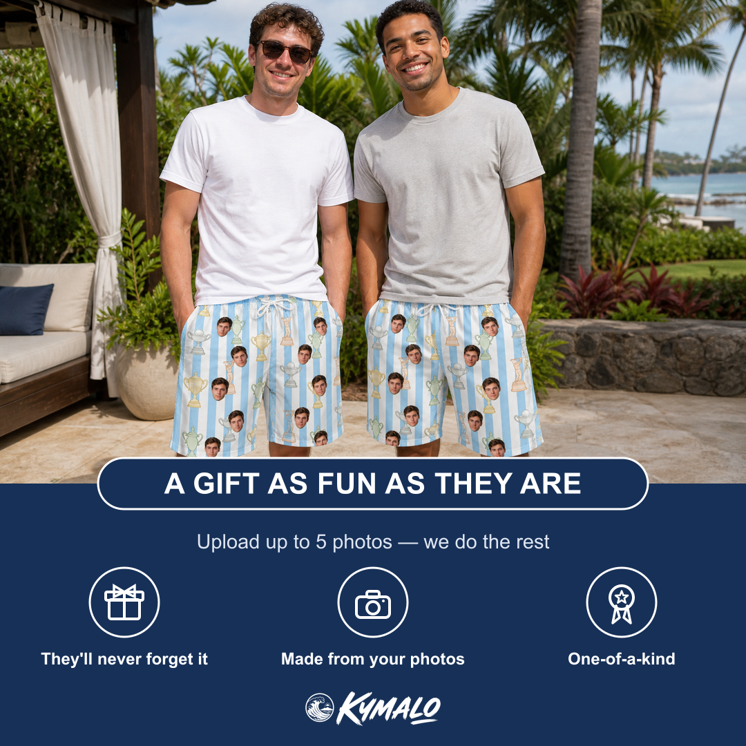 Friends in matching Men's Green Glory Custom Face Beach Shorts — a group gift photo
