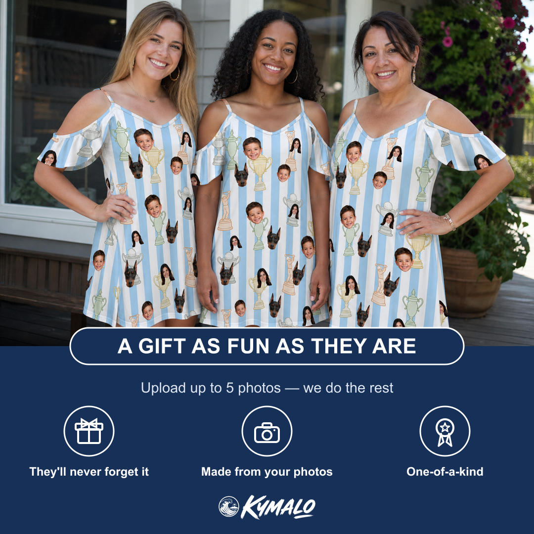 Friends in matching Women's Green Glory Custom Face Off-Shoulder Dress — a group gift photo