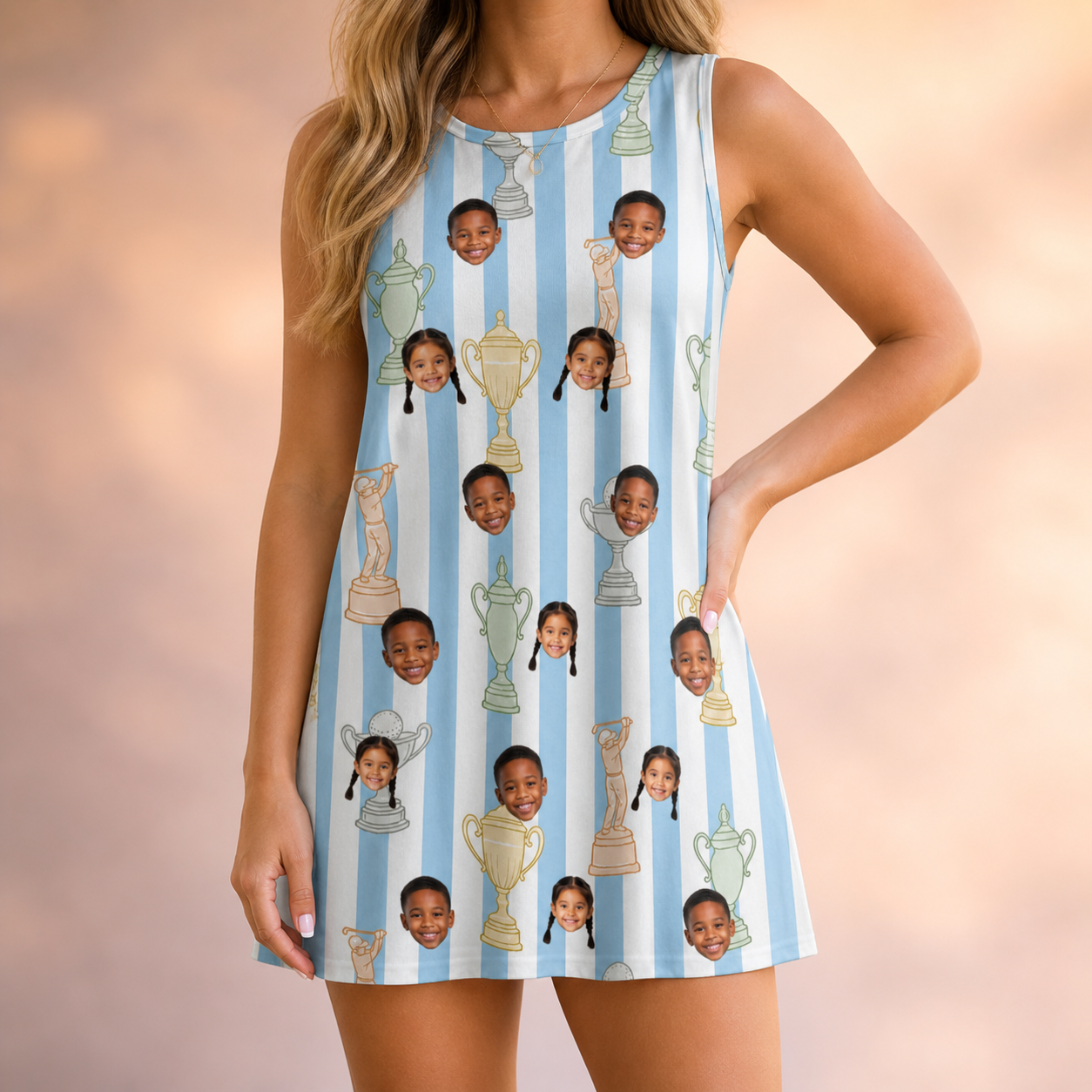Model wearing Women's Green Glory Custom Face Tank Dress printed with kids' faces
