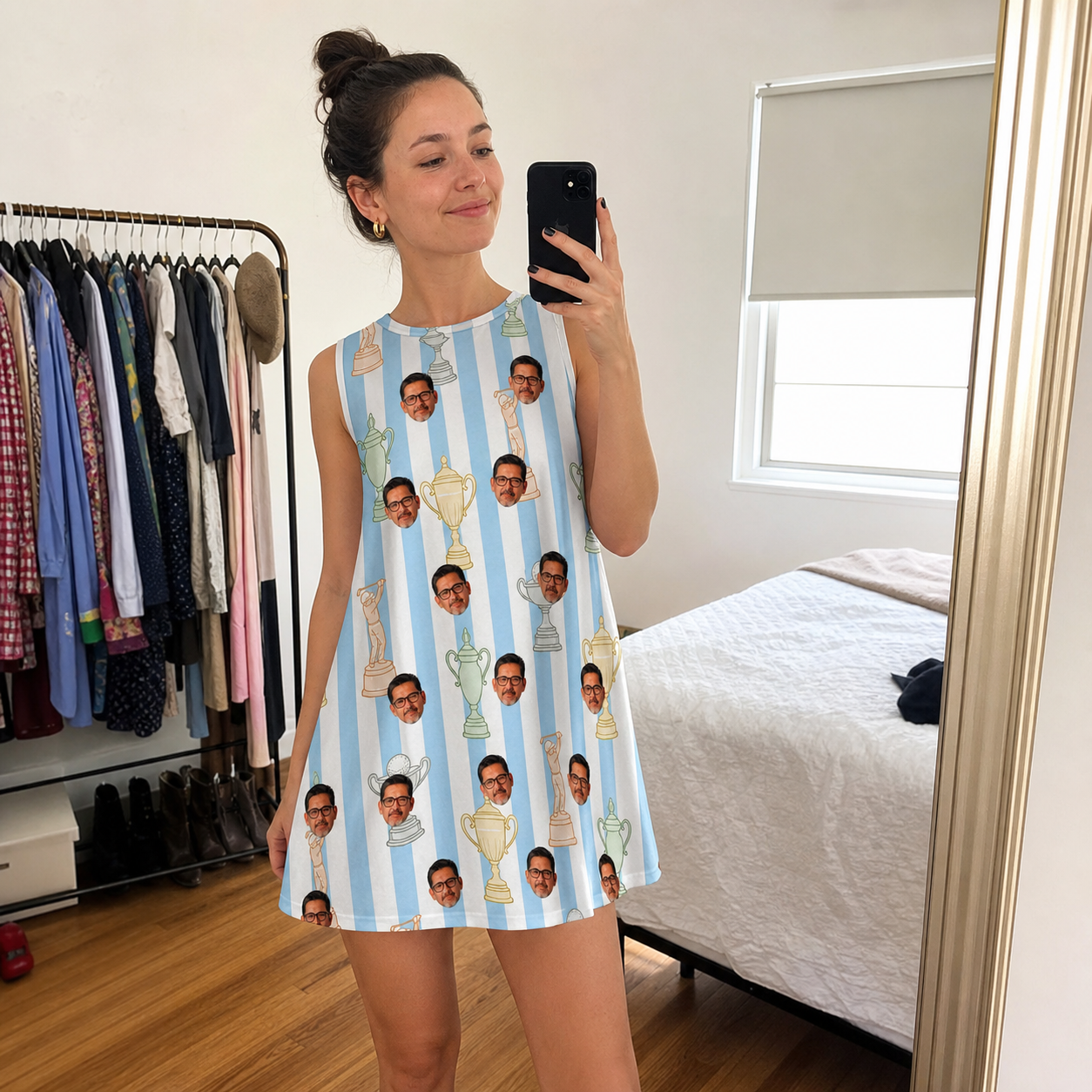 Real-life photo of someone wearing Women's Green Glory Custom Face Tank Dress — custom faces printed all-over