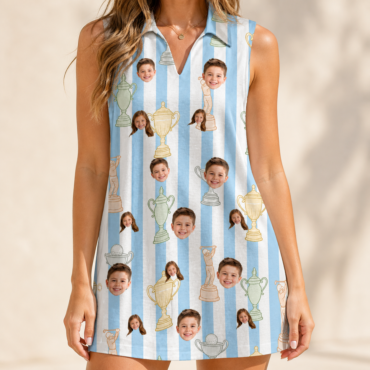 Model wearing Women's Green Glory Custom Face V-Neck Dress printed with kids' faces
