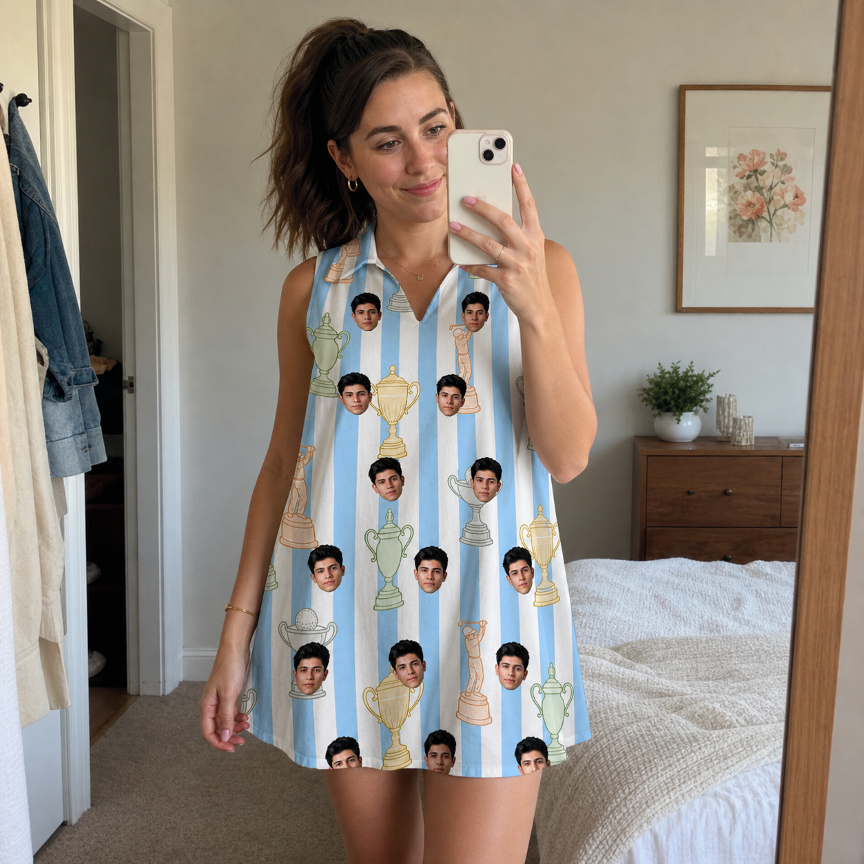 Real-life photo of someone wearing Women's Green Glory Custom Face V-Neck Dress — custom faces printed all-over