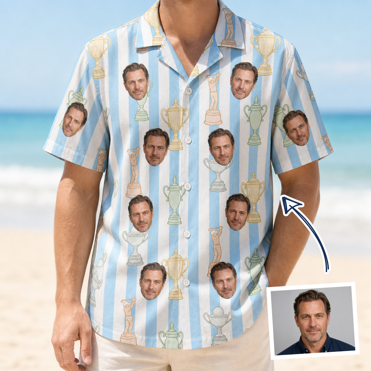 Man wearing Men's Green Glory Custom Face Hawaiian Shirt — custom faces printed all-over