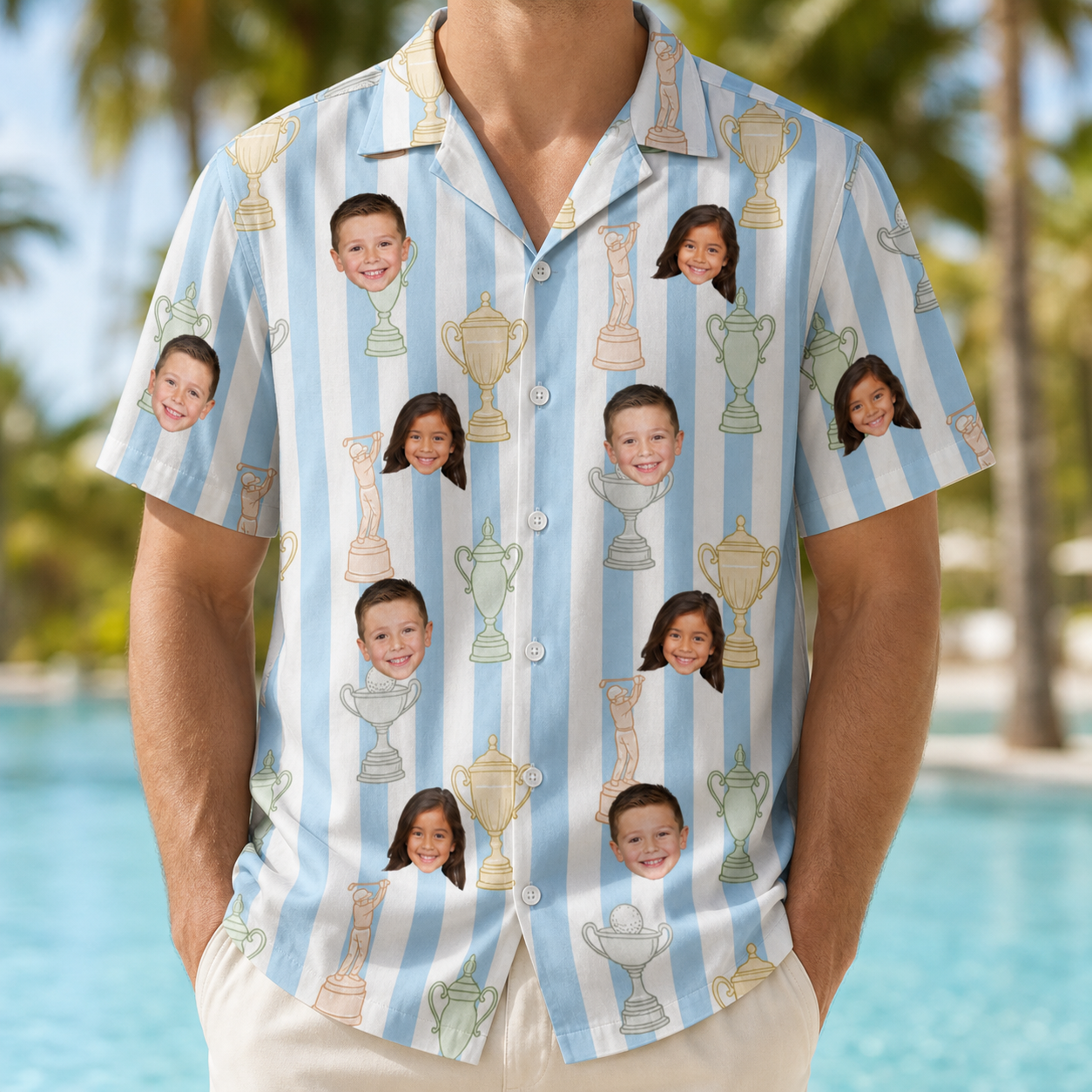 Model wearing Men's Green Glory Custom Face Hawaiian Shirt printed with kids' faces