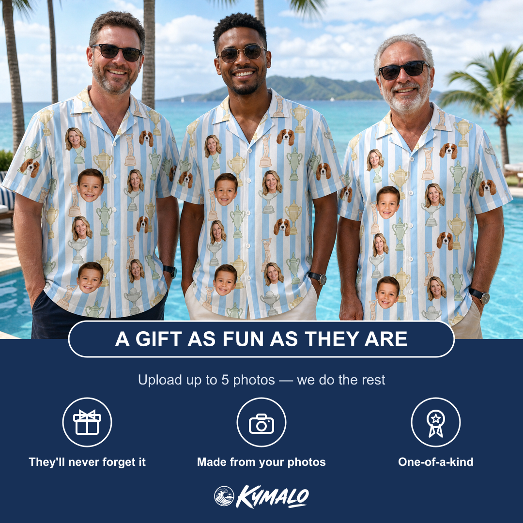 Friends in matching Men's Green Glory Custom Face Hawaiian Shirt — a group gift photo