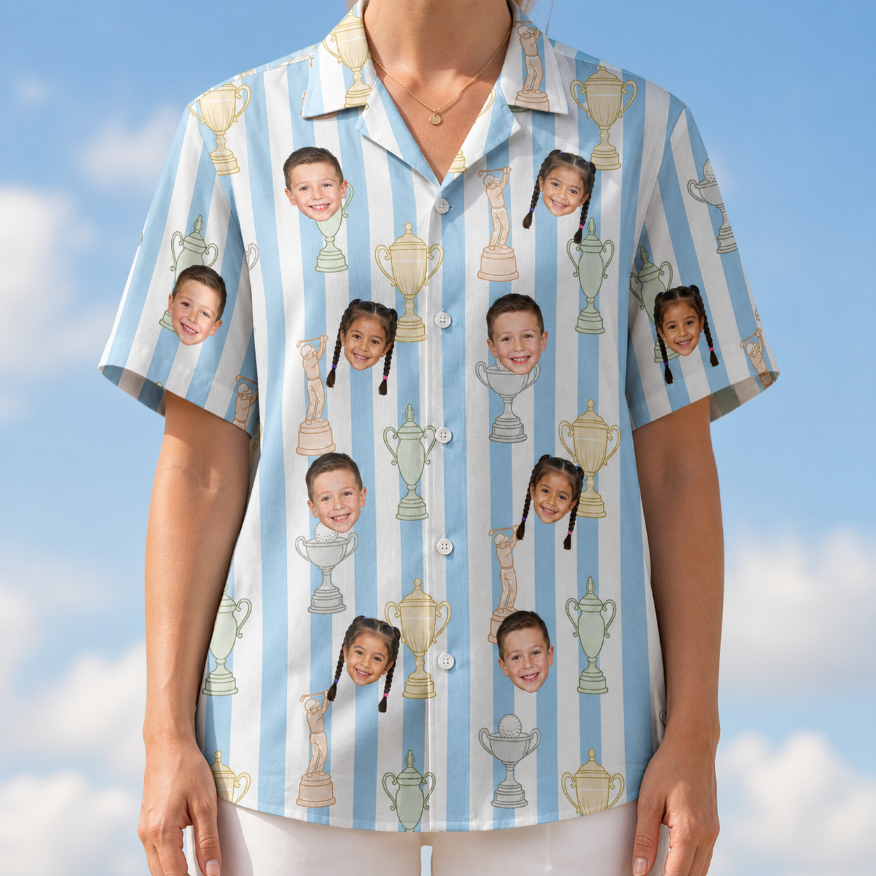 Model wearing Women's Green Glory Custom Face Hawaiian Shirt printed with kids' faces