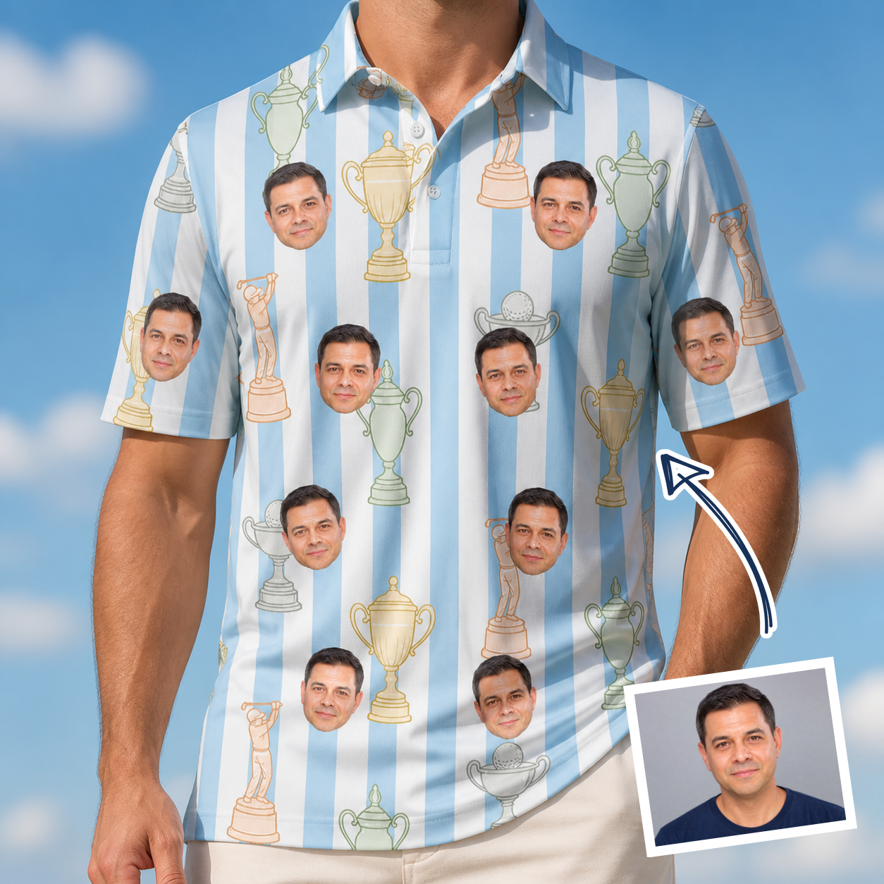 Man wearing Men's Green Glory Custom Face Polo Shirt — custom faces printed all-over