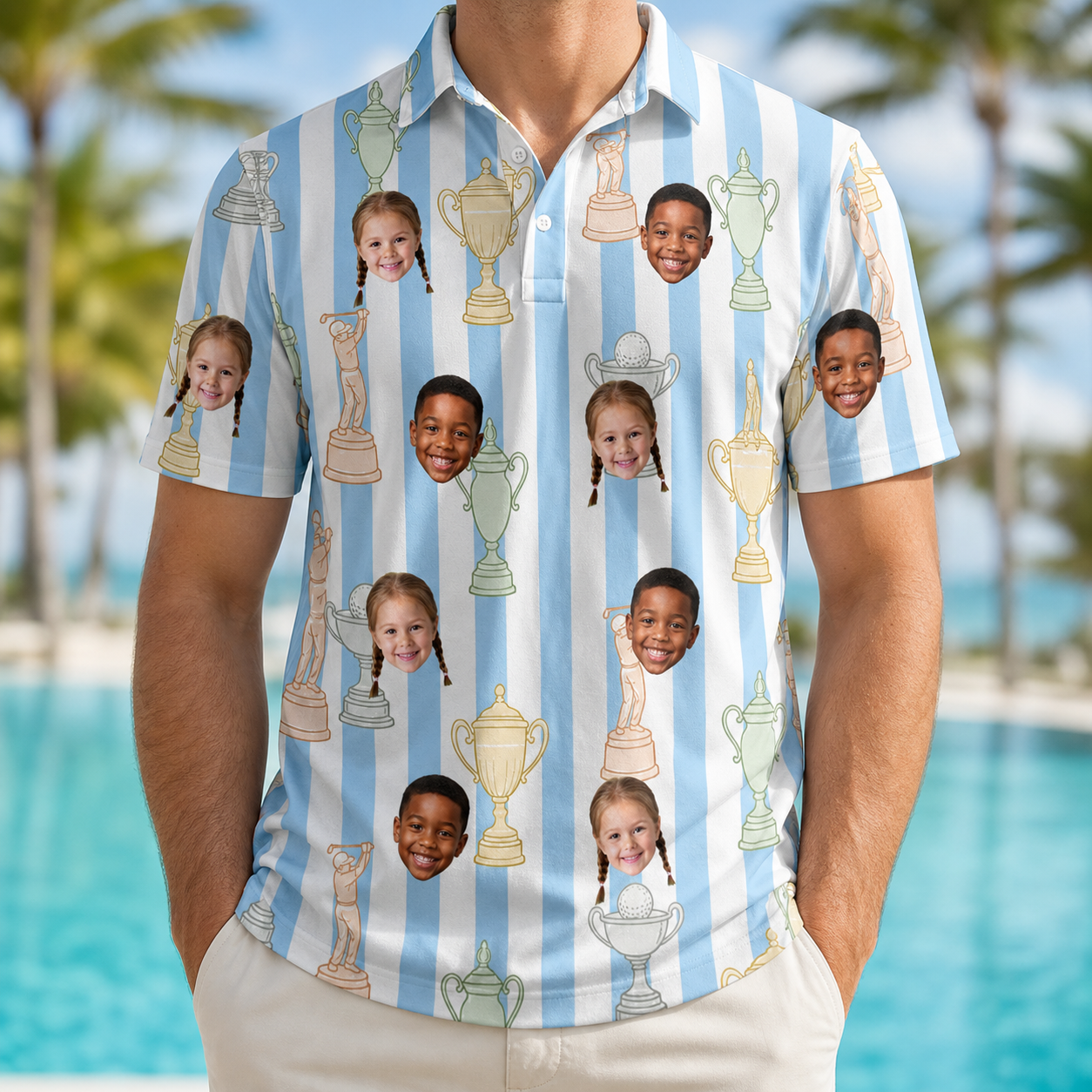 Model wearing Men's Green Glory Custom Face Polo Shirt printed with kids' faces