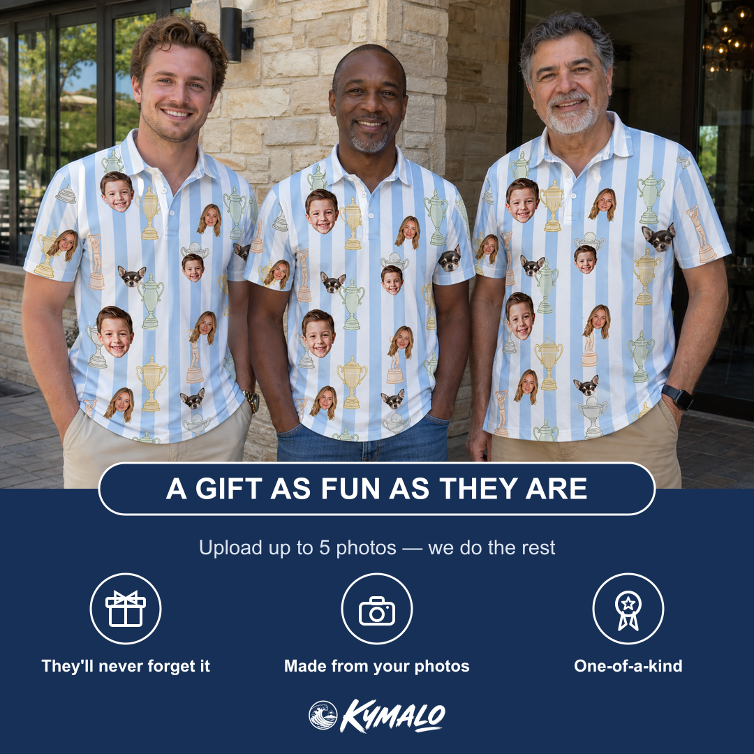 Friends in matching Men's Green Glory Custom Face Polo Shirt — a group gift photo