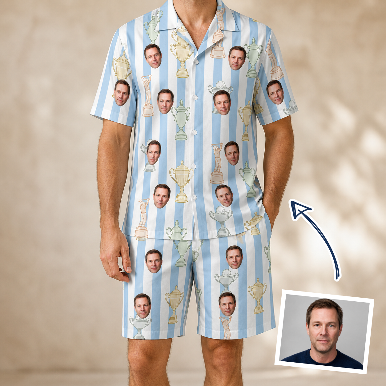 Man wearing Men's Green Glory Custom Face Shirt & Shorts Set — custom faces printed all-over