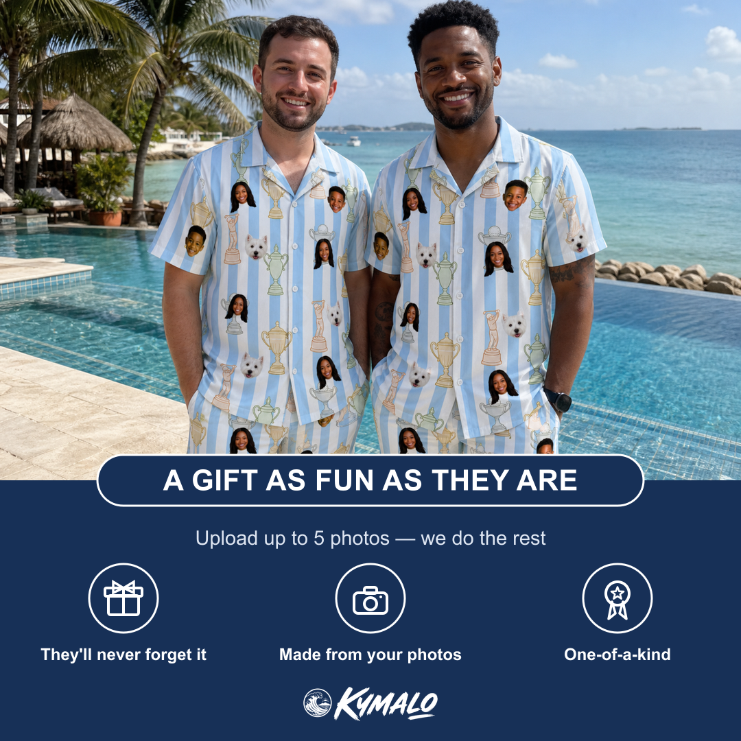 Friends in matching Men's Green Glory Custom Face Shirt & Shorts Set — a group gift photo