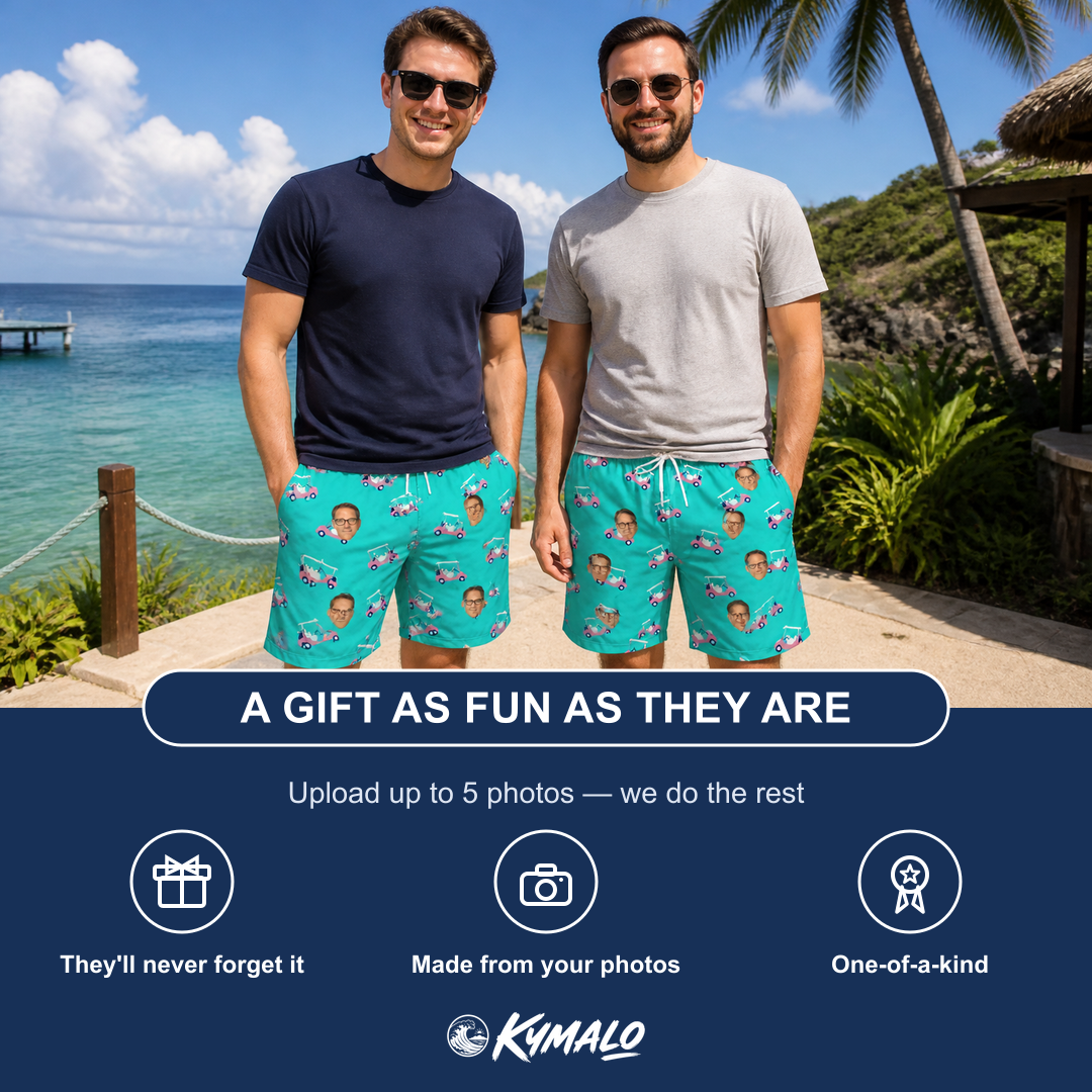 Friends in matching Men's Cartel Classics Custom Face Beach Shorts — a group gift photo