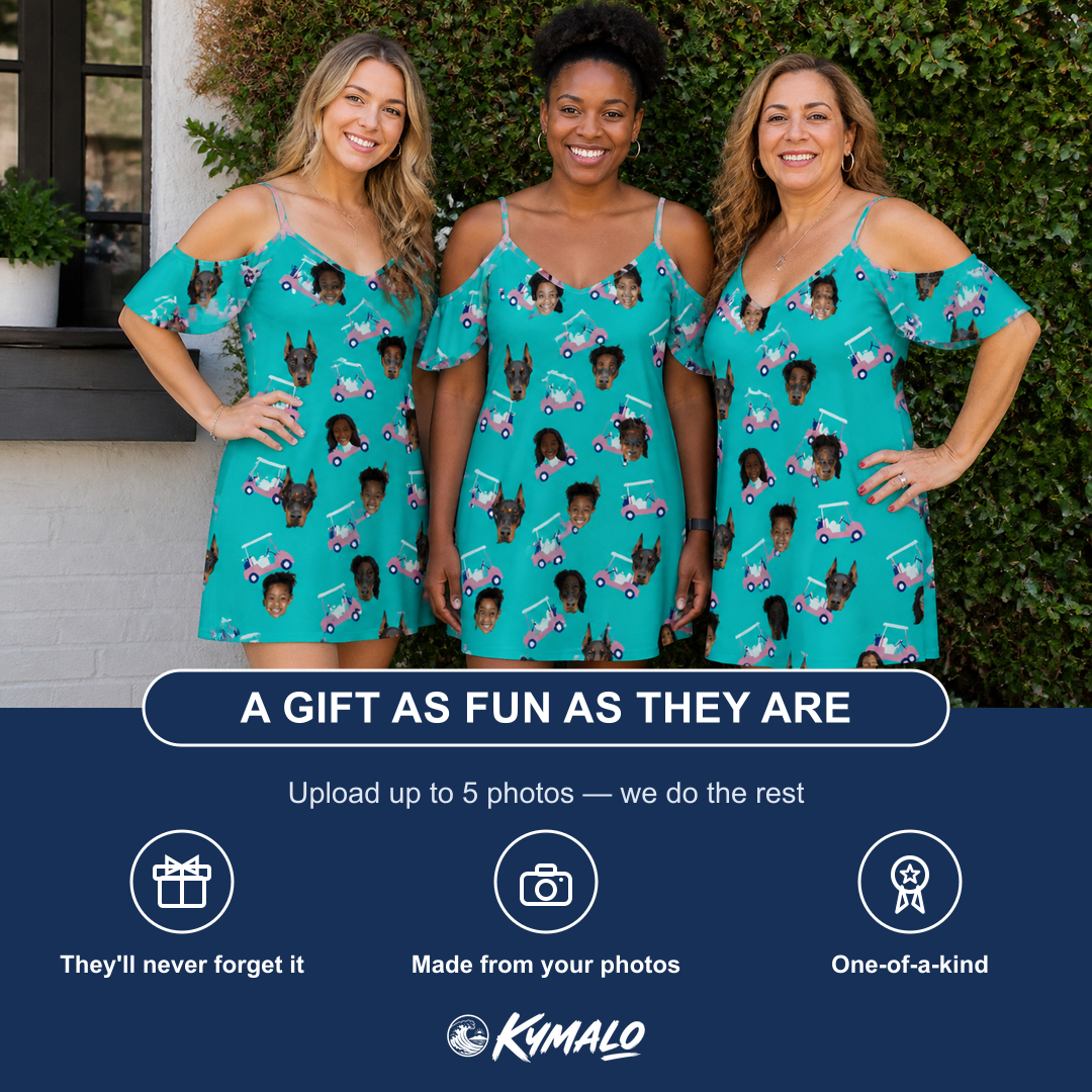 Friends in matching Women's Cartel Classics Custom Face Off-Shoulder Dress — a group gift photo