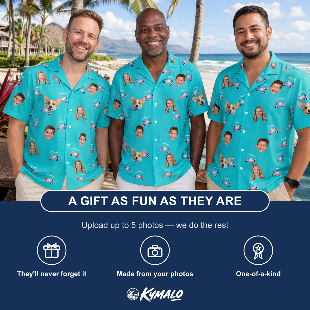Friends in matching Men's Cartel Classics Custom Face Hawaiian Shirt — a group gift photo
