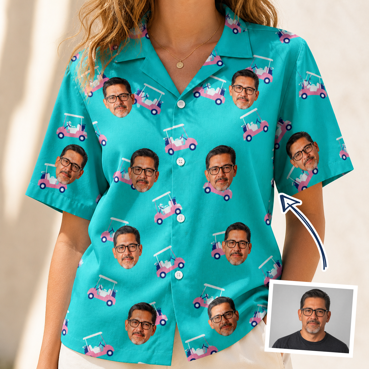 Woman wearing Women's Cartel Classics Custom Face Hawaiian Shirt — custom faces printed all-over