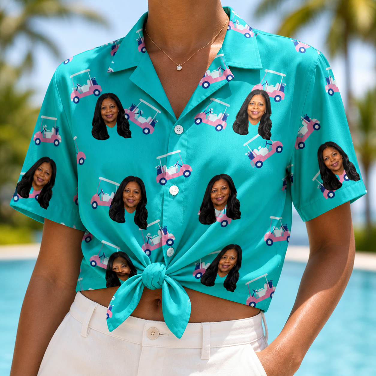Woman wearing Women's Cartel Classics Custom Face Hawaiian Shirt tied at the waist