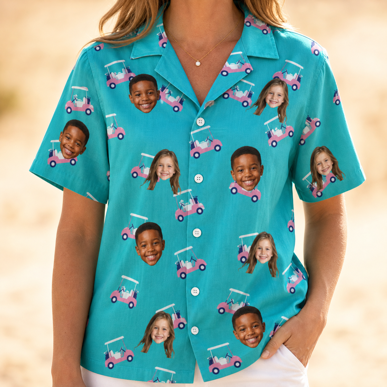 Model wearing Women's Cartel Classics Custom Face Hawaiian Shirt printed with kids' faces