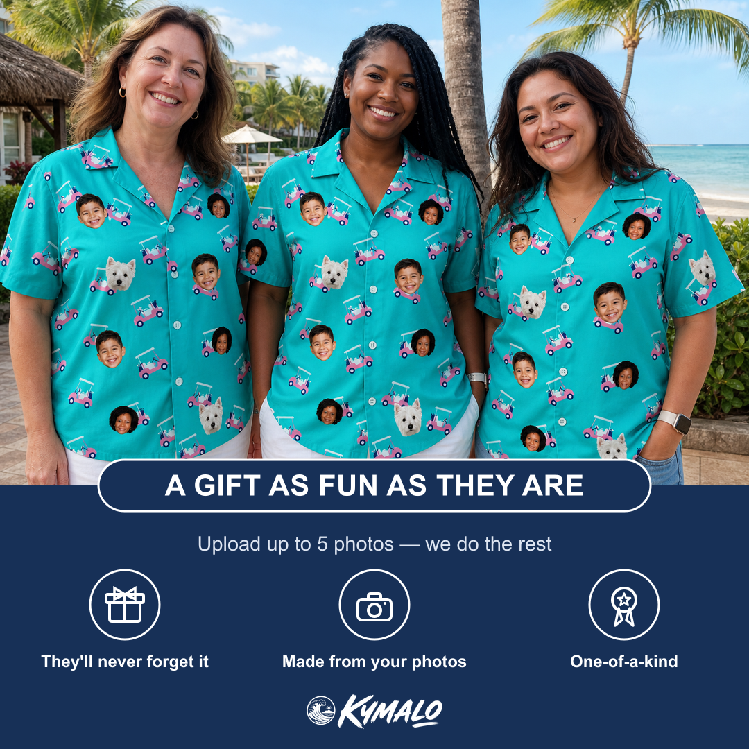 Friends in matching Women's Cartel Classics Custom Face Hawaiian Shirt — a group gift photo