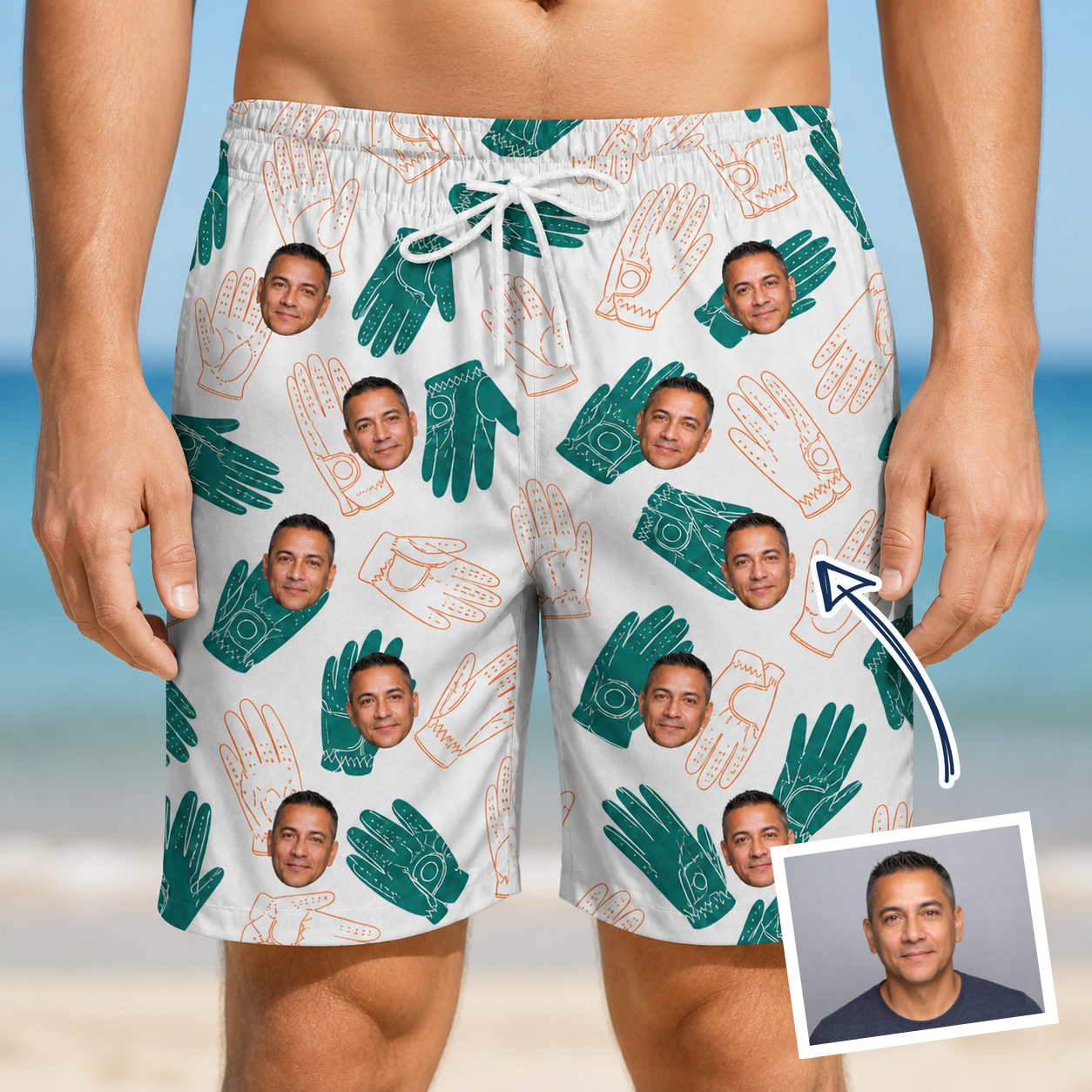 Man wearing Men's Handicap Hilarity Custom Face Beach Shorts — custom faces printed all-over