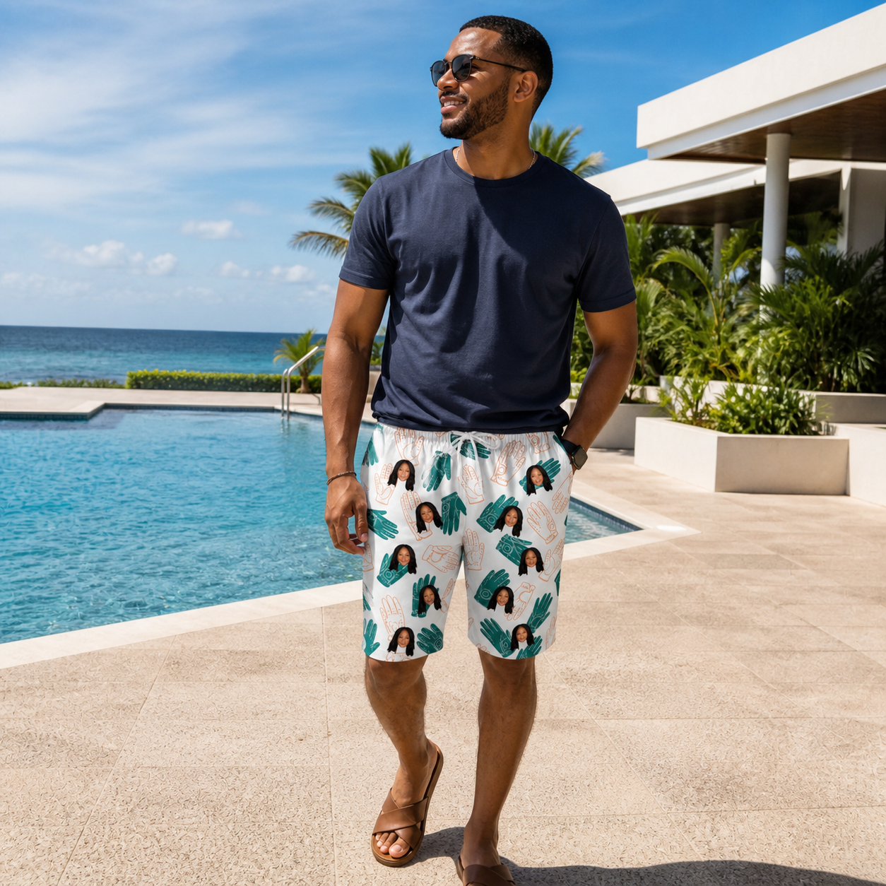 Real-life photo of someone wearing Men's Handicap Hilarity Custom Face Beach Shorts — custom faces printed all-over