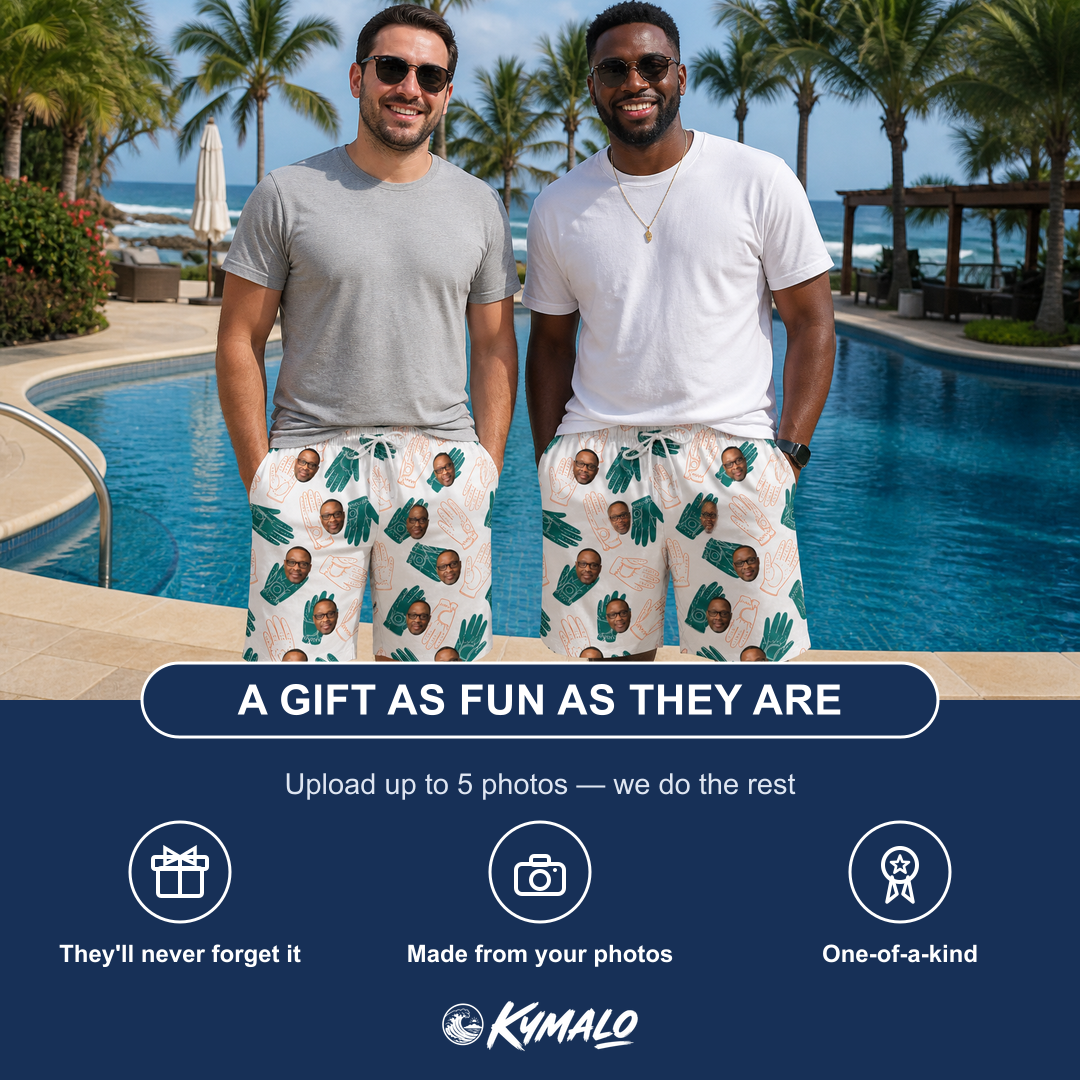Friends in matching Men's Handicap Hilarity Custom Face Beach Shorts — a group gift photo