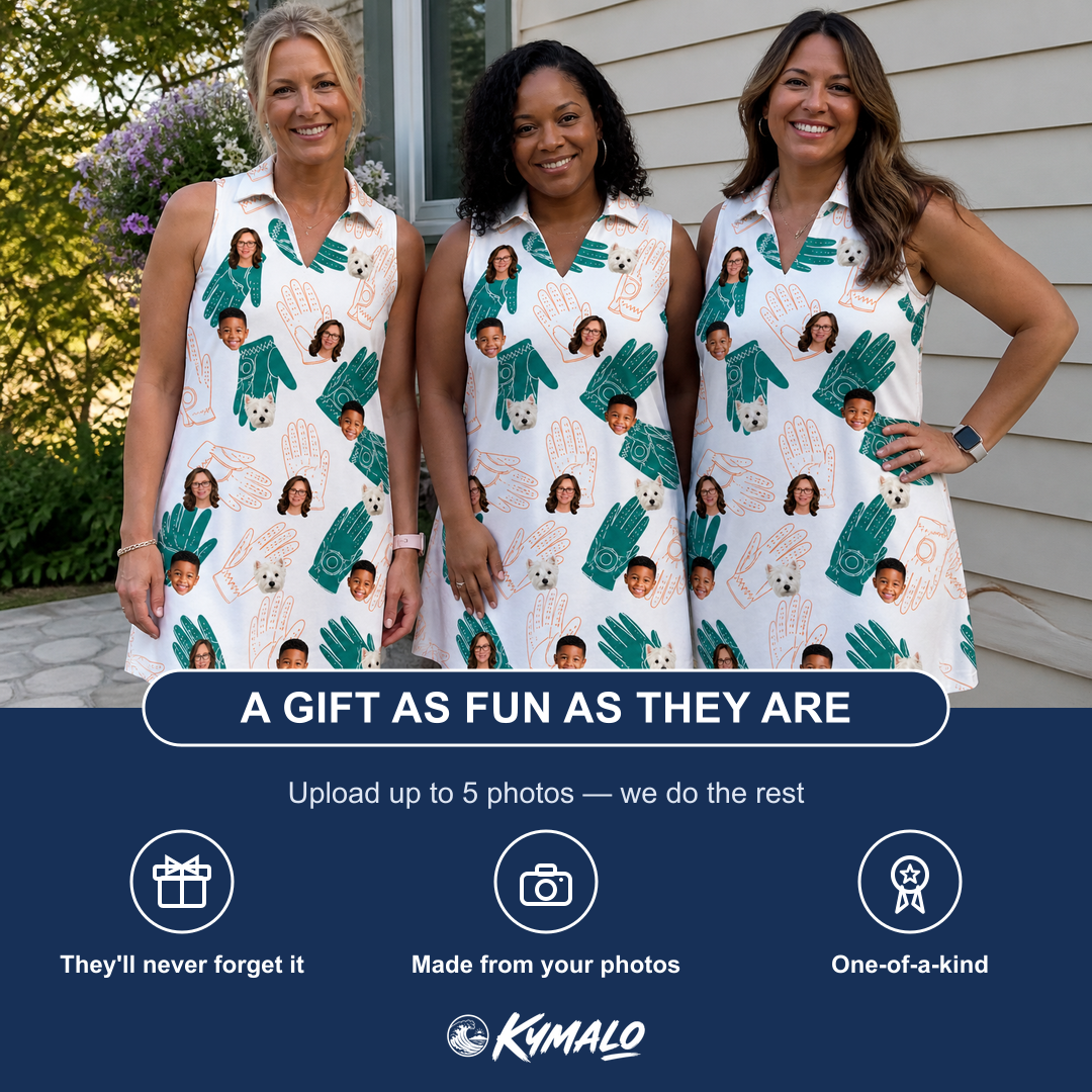 Friends in matching Women's Handicap Hilarity Custom Face V-Neck Dress — a group gift photo