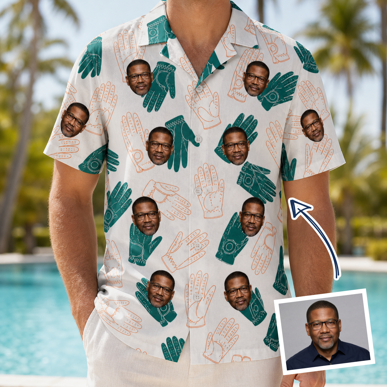 Man wearing Men's Handicap Hilarity Custom Face Hawaiian Shirt — custom faces printed all-over