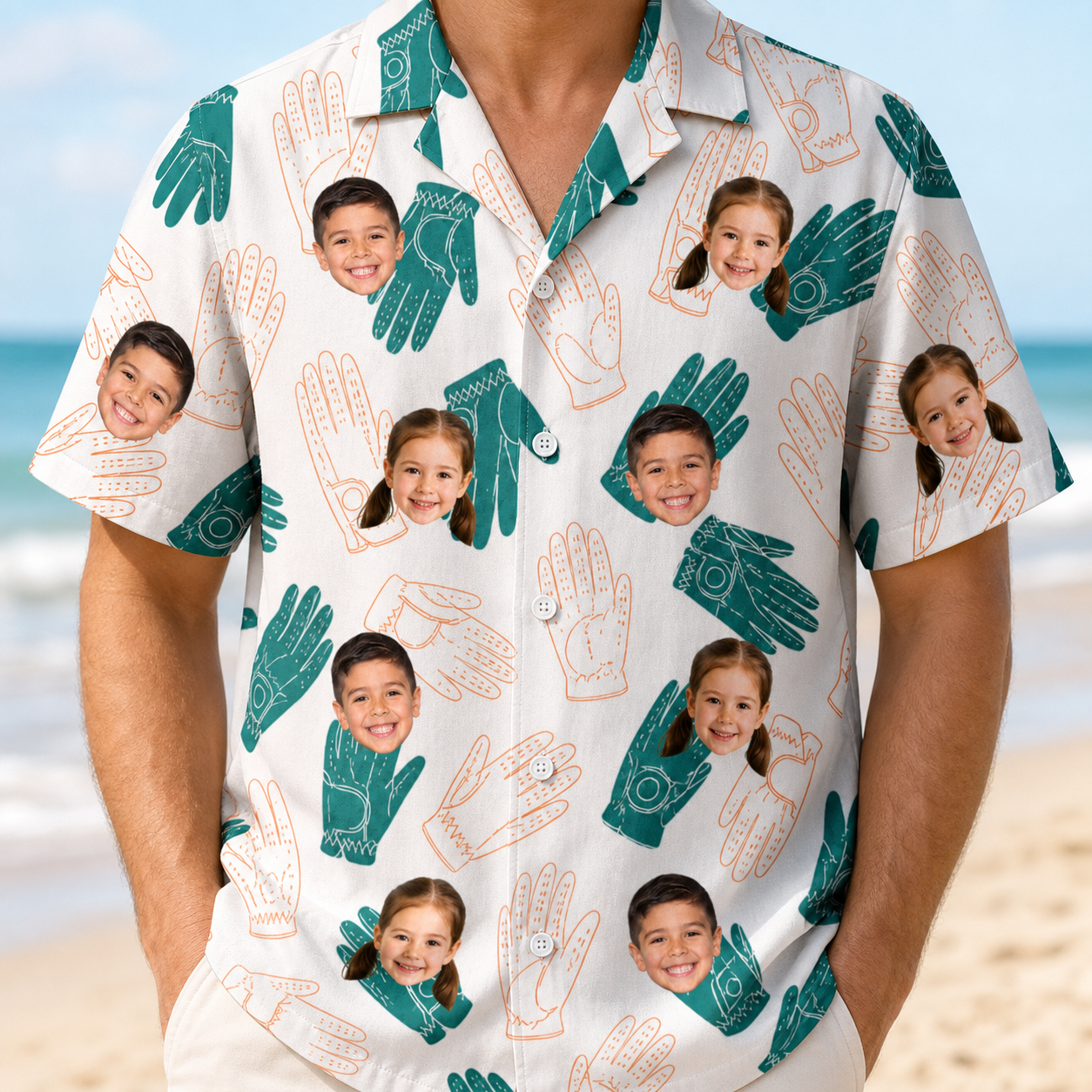 Model wearing Men's Handicap Hilarity Custom Face Hawaiian Shirt printed with kids' faces