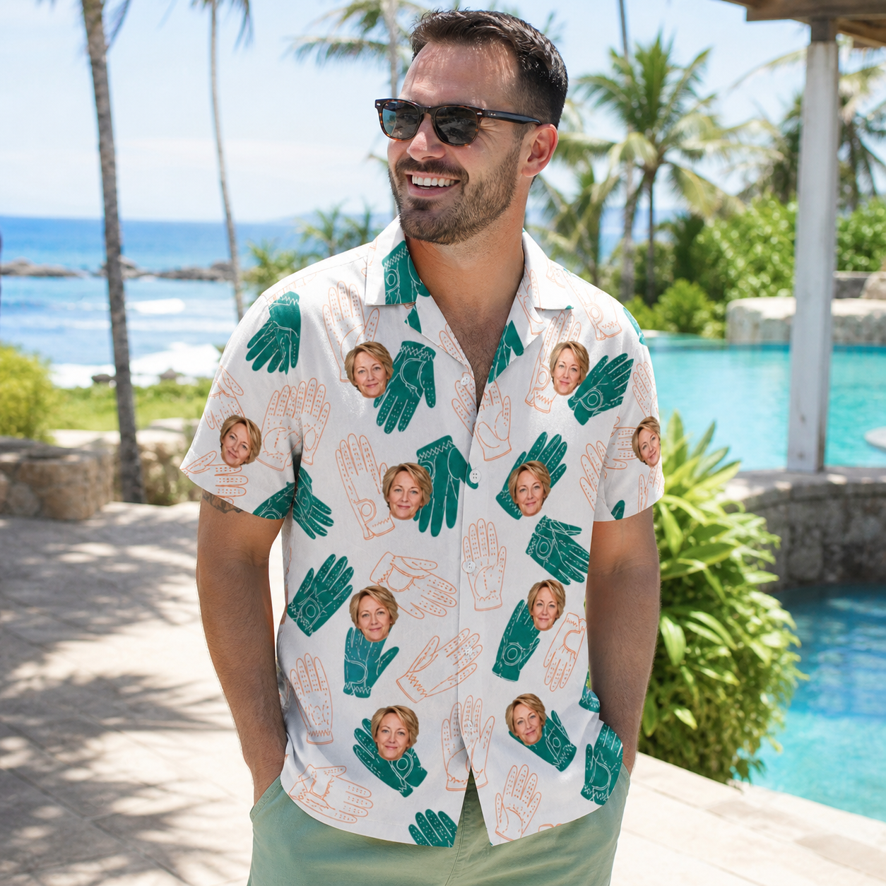 Real-life photo of someone wearing Men's Handicap Hilarity Custom Face Hawaiian Shirt — custom faces printed all-over