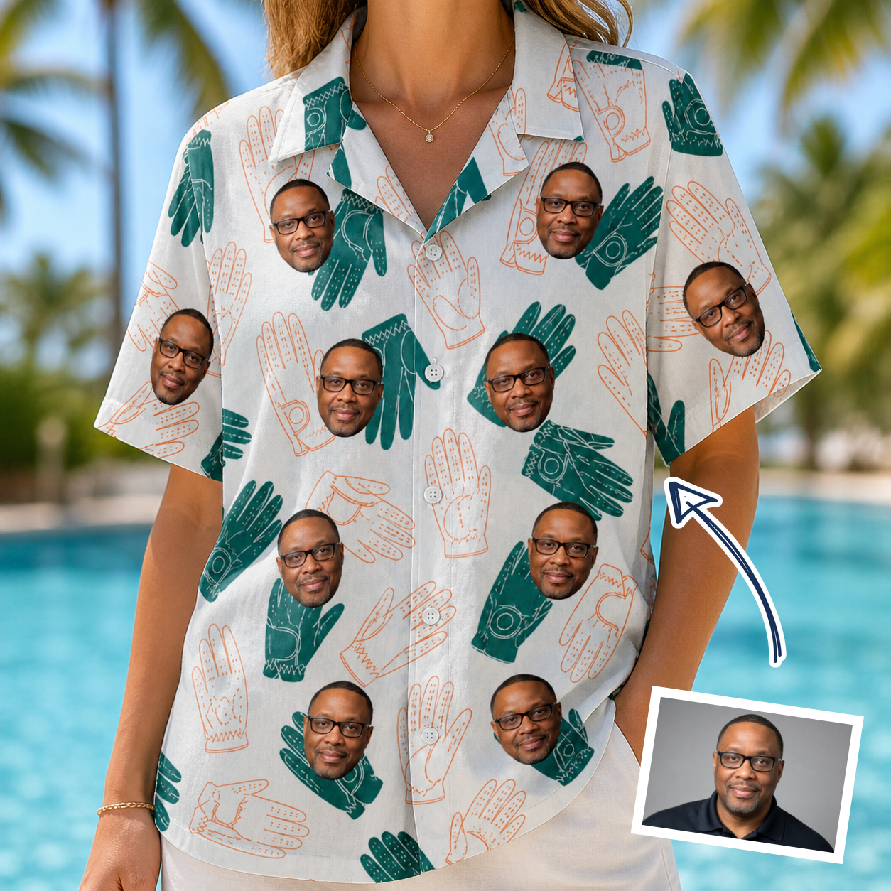 Woman wearing Women's Handicap Hilarity Custom Face Hawaiian Shirt — custom faces printed all-over