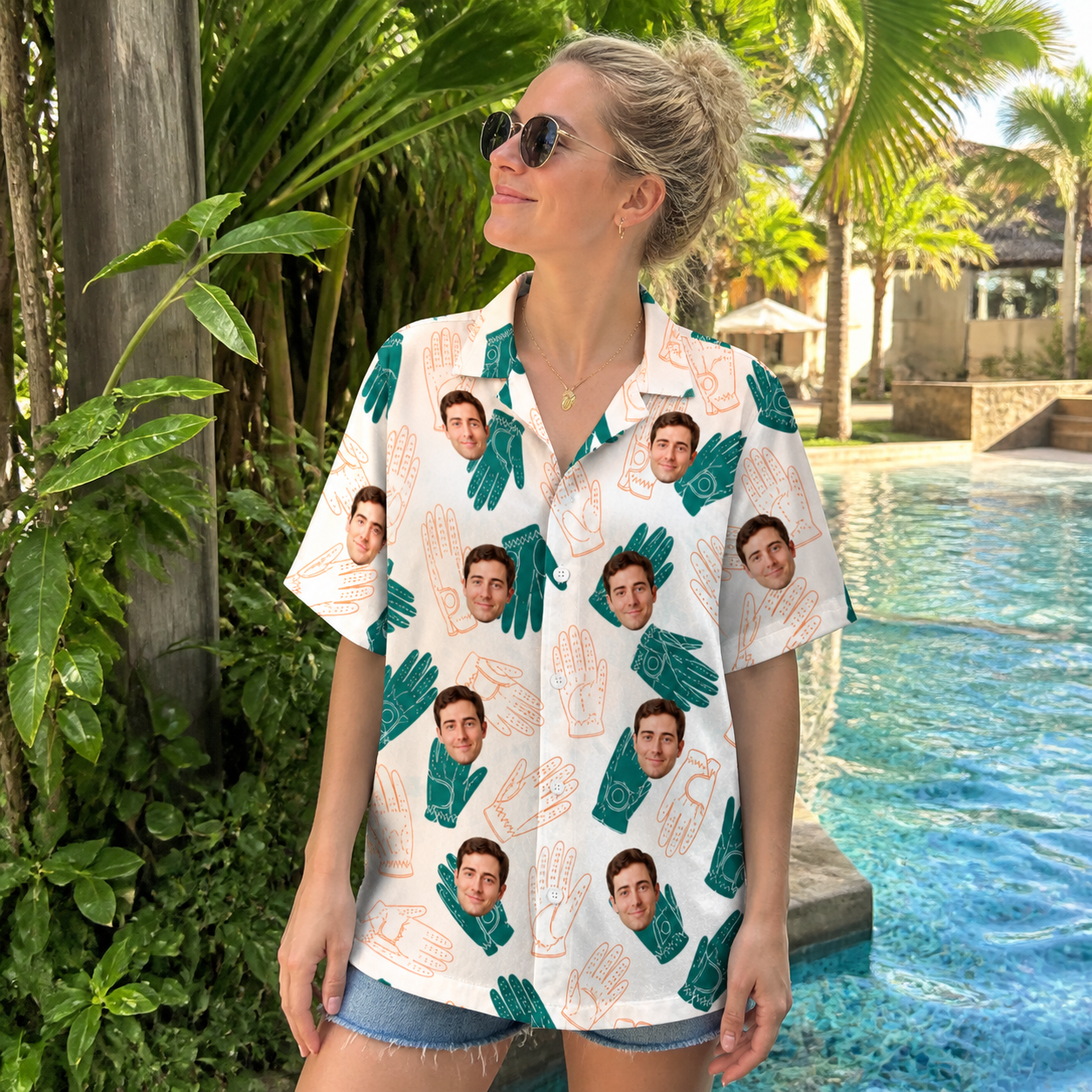 Real-life photo of someone wearing Women's Handicap Hilarity Custom Face Hawaiian Shirt — custom faces printed all-over