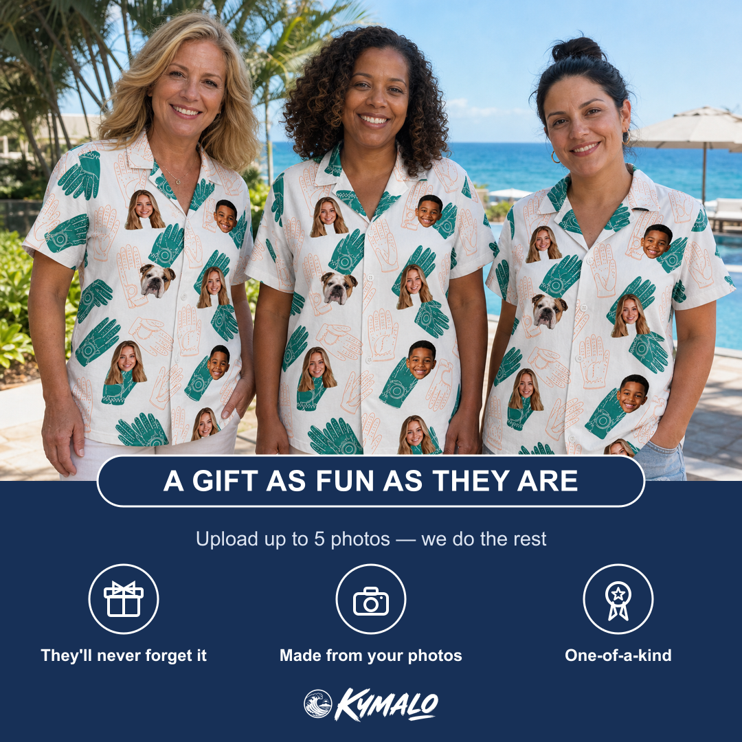 Friends in matching Women's Handicap Hilarity Custom Face Hawaiian Shirt — a group gift photo
