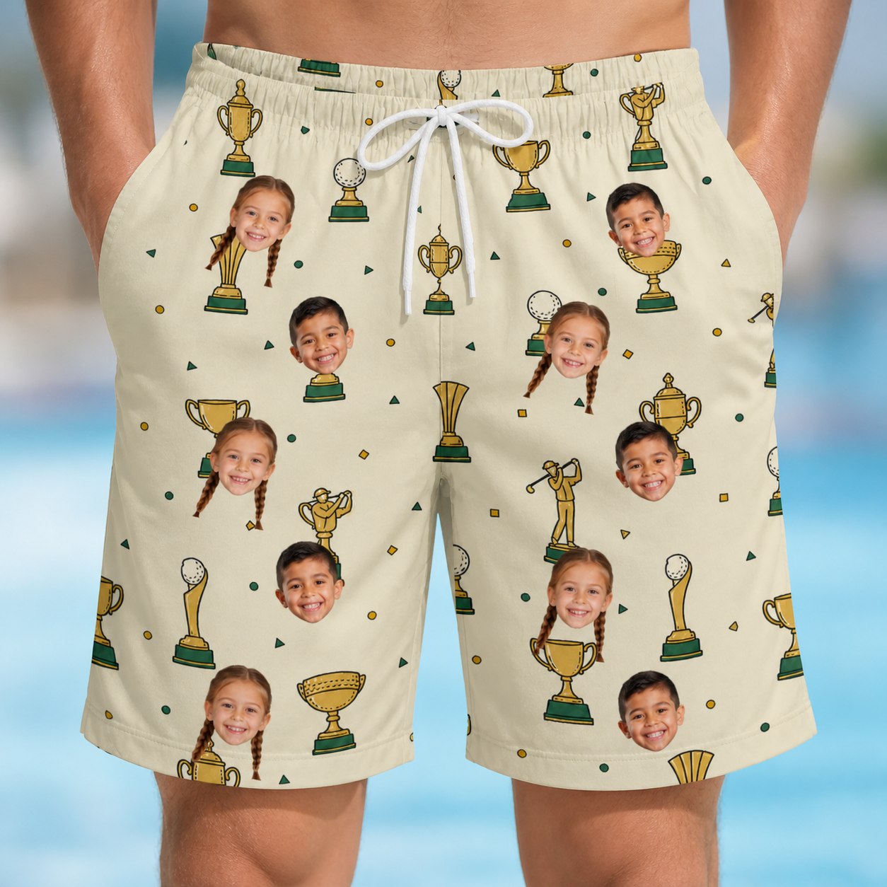 Model wearing Men's Champion Chalices Custom Face Beach Shorts printed with kids' faces