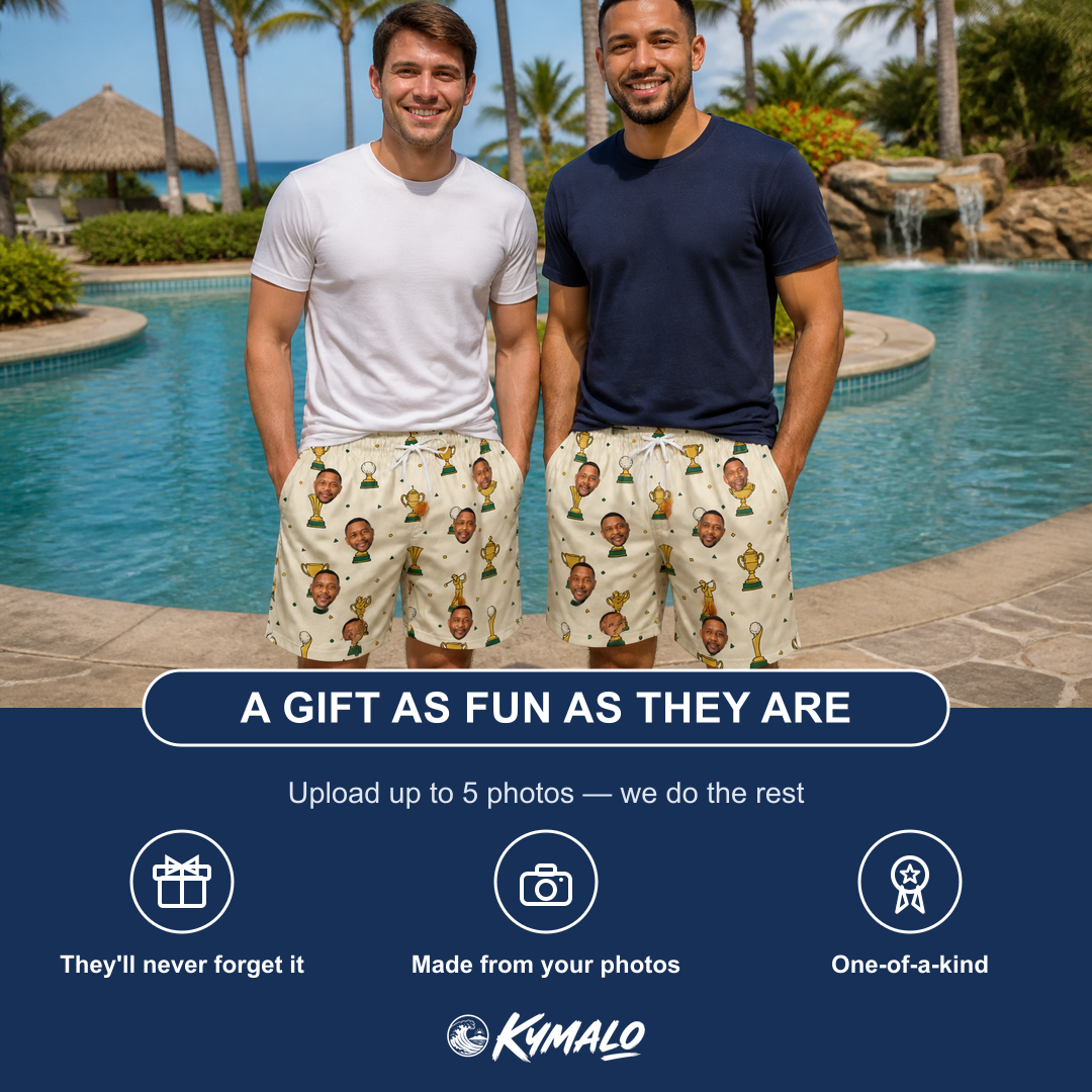 Friends in matching Men's Champion Chalices Custom Face Beach Shorts — a group gift photo
