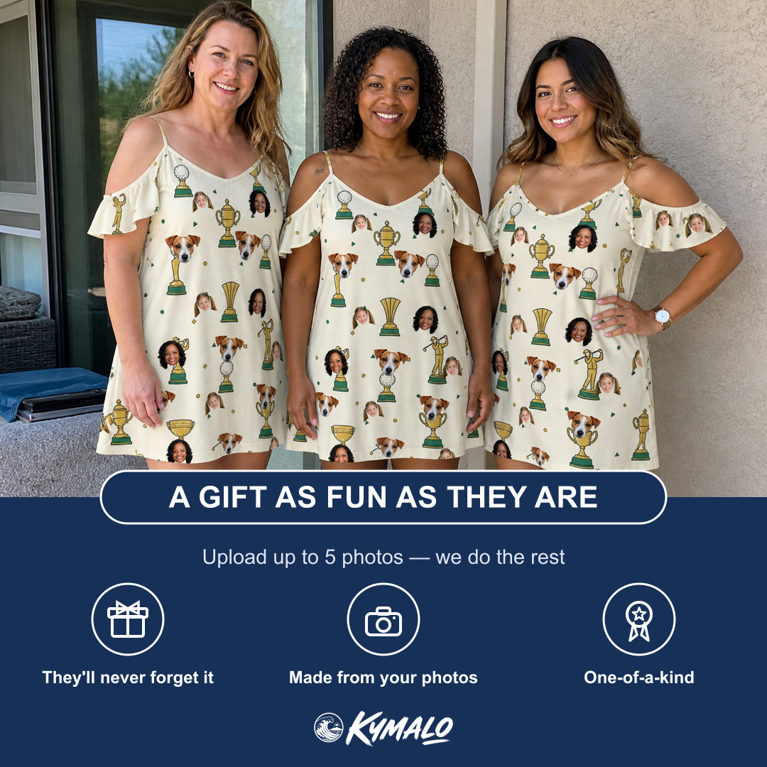 Friends in matching Women's Champion Chalices Custom Face Off-Shoulder Dress — a group gift photo