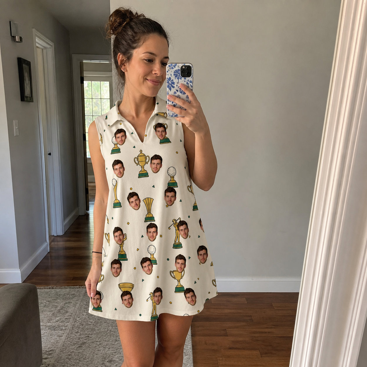 Real-life photo of someone wearing Women's Champion Chalices Custom Face V-Neck Dress — custom faces printed all-over