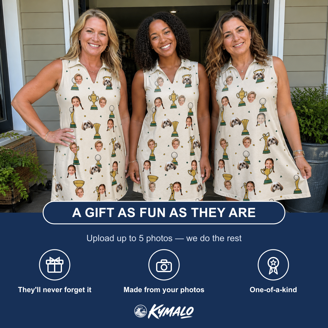 Friends in matching Women's Champion Chalices Custom Face V-Neck Dress — a group gift photo
