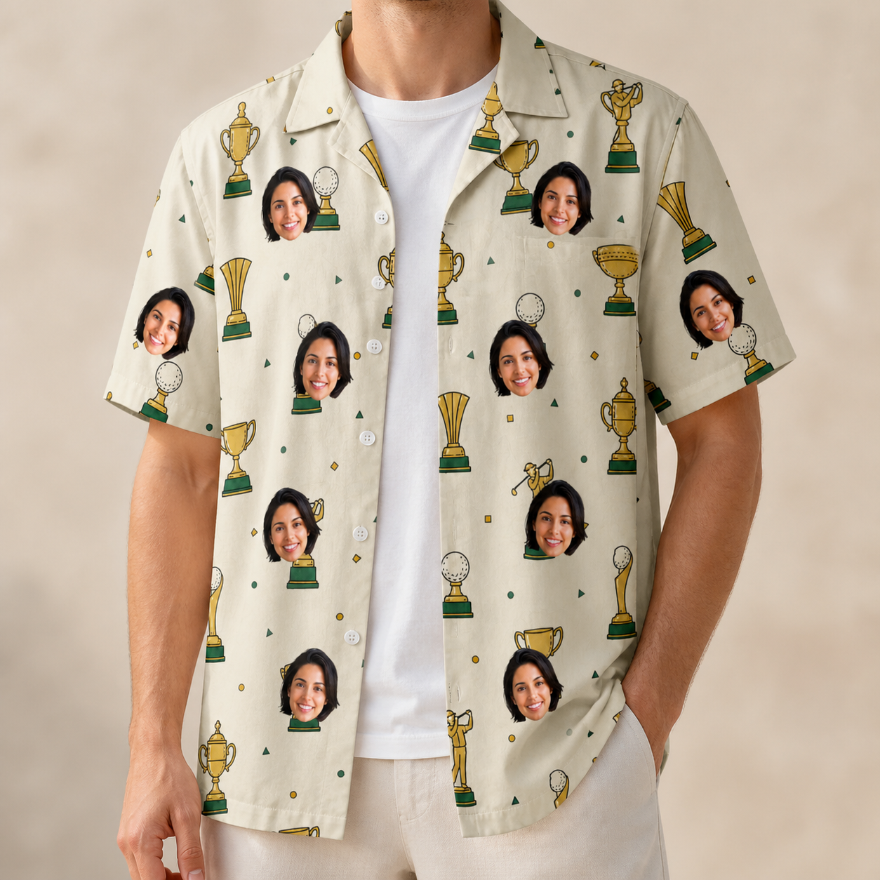 Man wearing Men's Champion Chalices Custom Face Hawaiian Shirt open over a white tee