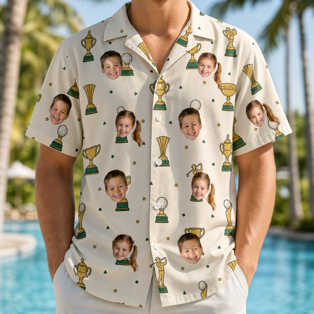 Model wearing Men's Champion Chalices Custom Face Hawaiian Shirt printed with kids' faces