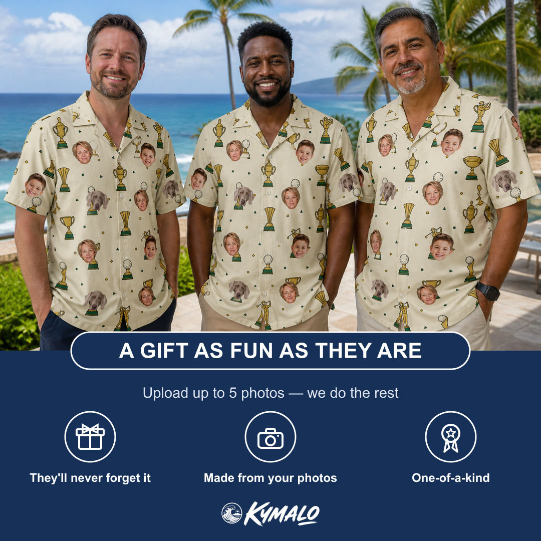 Friends in matching Men's Champion Chalices Custom Face Hawaiian Shirt — a group gift photo