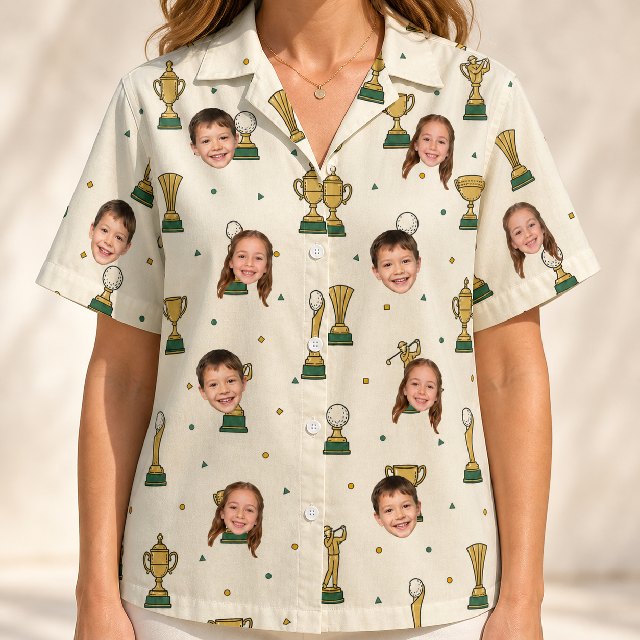 Model wearing Women's Champion Chalices Custom Face Hawaiian Shirt printed with kids' faces